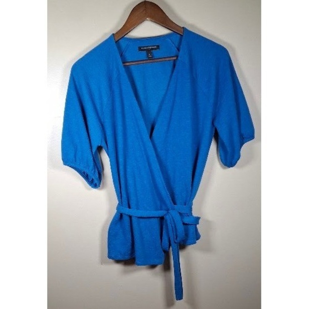 Banana Republic Women Blue Short Puff Sleeve Tie Waist Wrap Top Size M